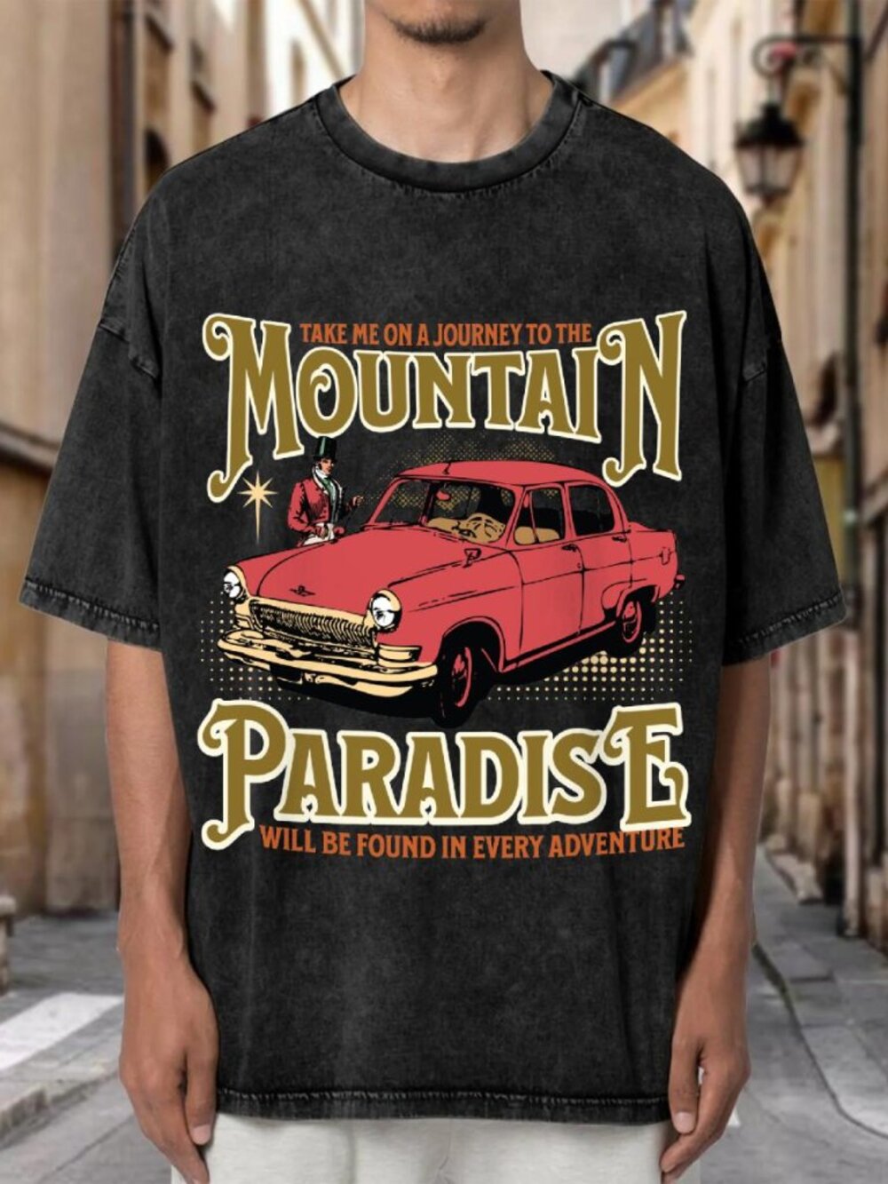 Vintage Wash Mountain Paradise Classic Car Graphic Oversized Tee HHN327BCHH01